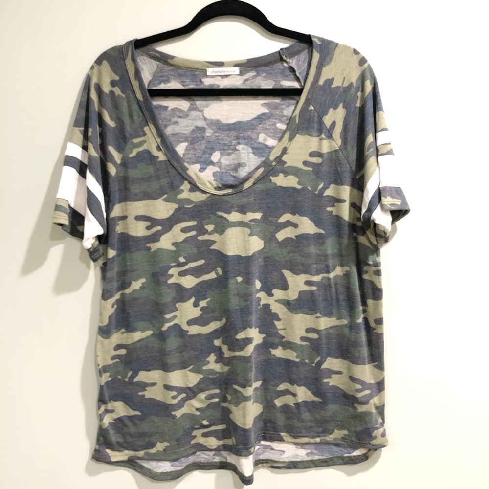 Charlotte Russe Green Camo Scoop Neck Top XL